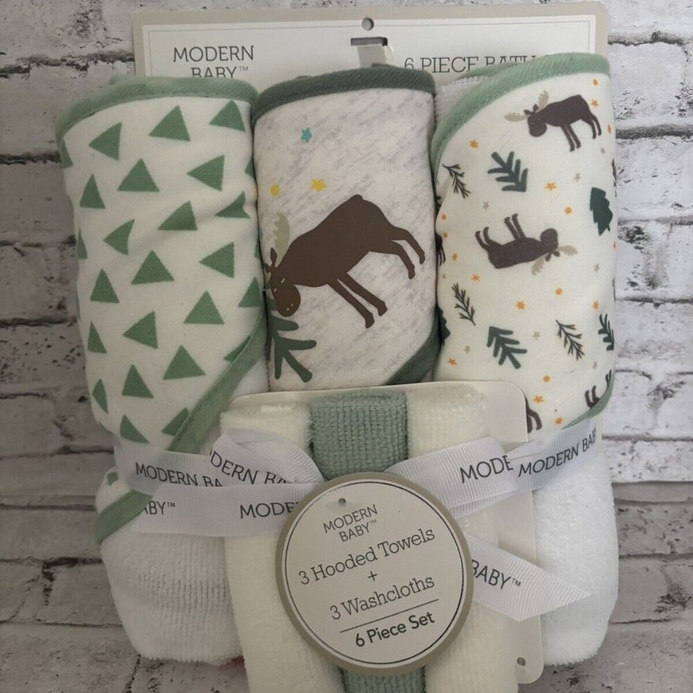 Modern Baby 6 Piece Bath Set Moose Towels Washcloths NWT